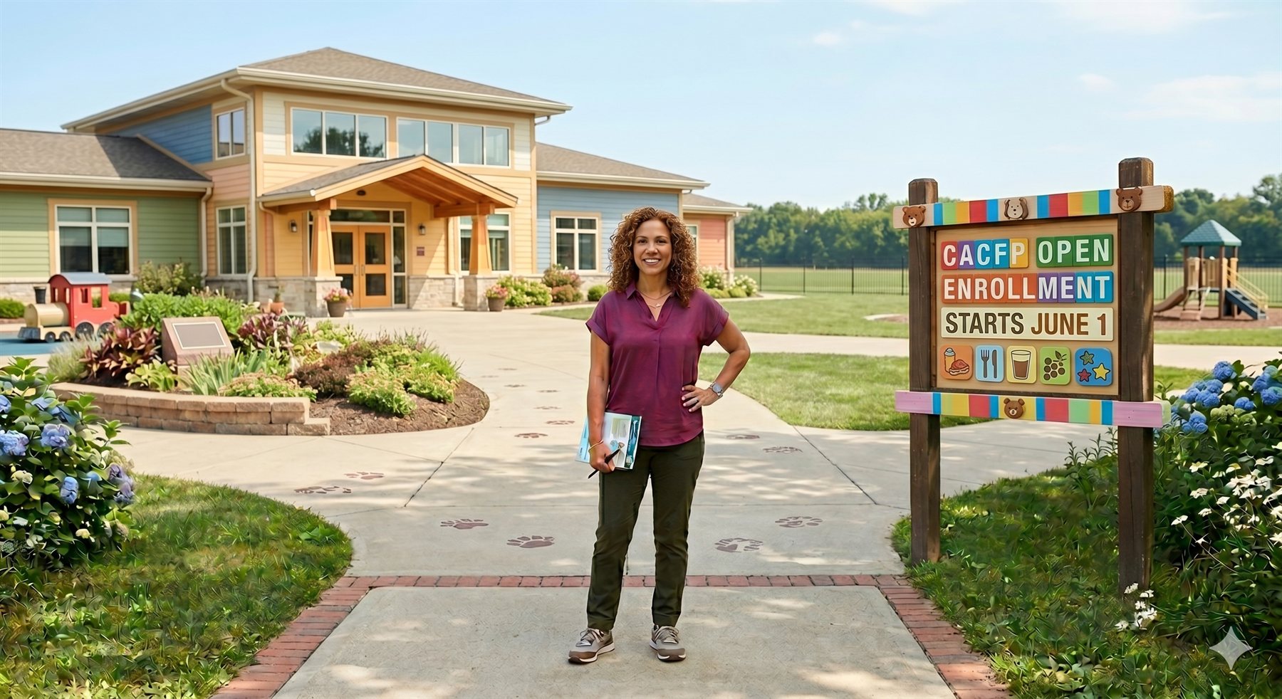 Daycare center director in a plum-purple blouse standing in front of her childcare center, holding a clipboard, beside a colorful sign reading 'CACFP Open Enrollment — Starts June 1'